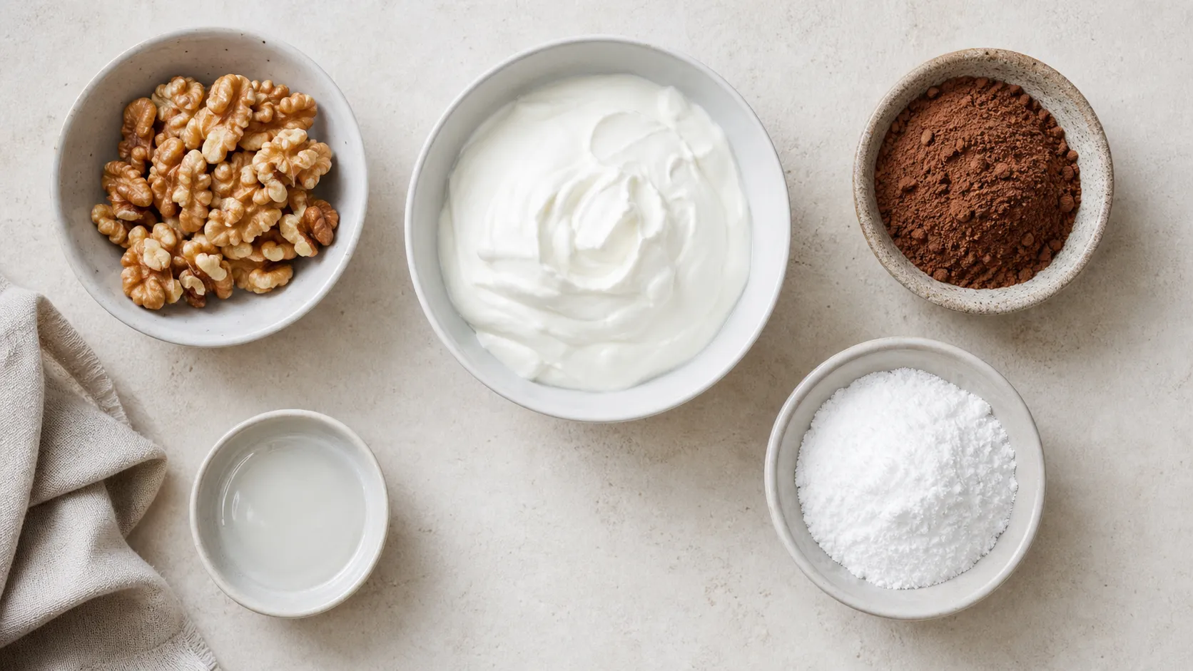 Ingredients for Keto Skyr Walnut Cocoa Bowl – Creamy Breakfast in 2 Minutes: 150 g plain skyr, 20 g walnuts (approx. 5–6 halves), 1 tsp unsweetened cocoa powder (approx. 5 g), 1 tsp erythritol (approx. 4 g), 5 ml coconut oil (approx. 5 g, melted)
