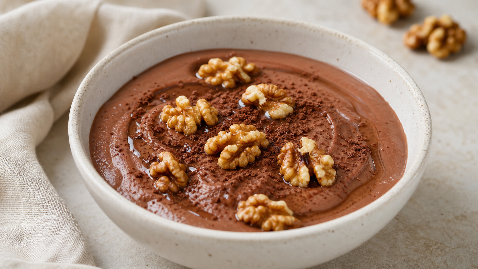 Keto skyr bowl with cocoa powder, walnuts and a drizzle of coconut oil