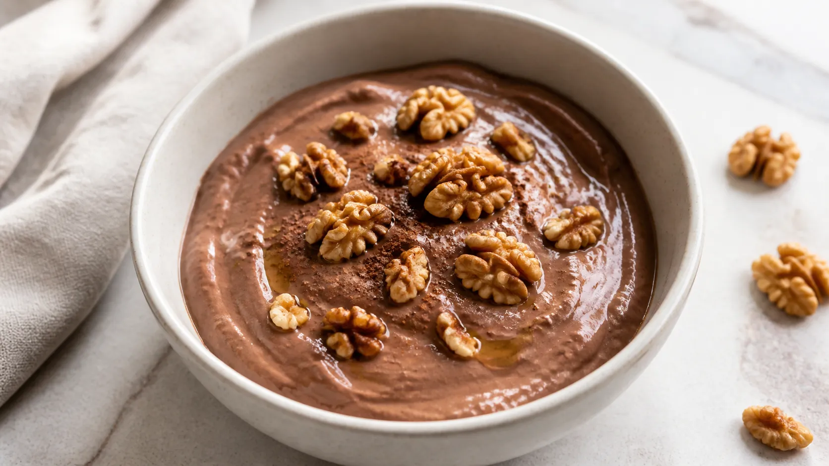 Keto skyr bowl with cocoa powder, walnuts and a drizzle of coconut oil