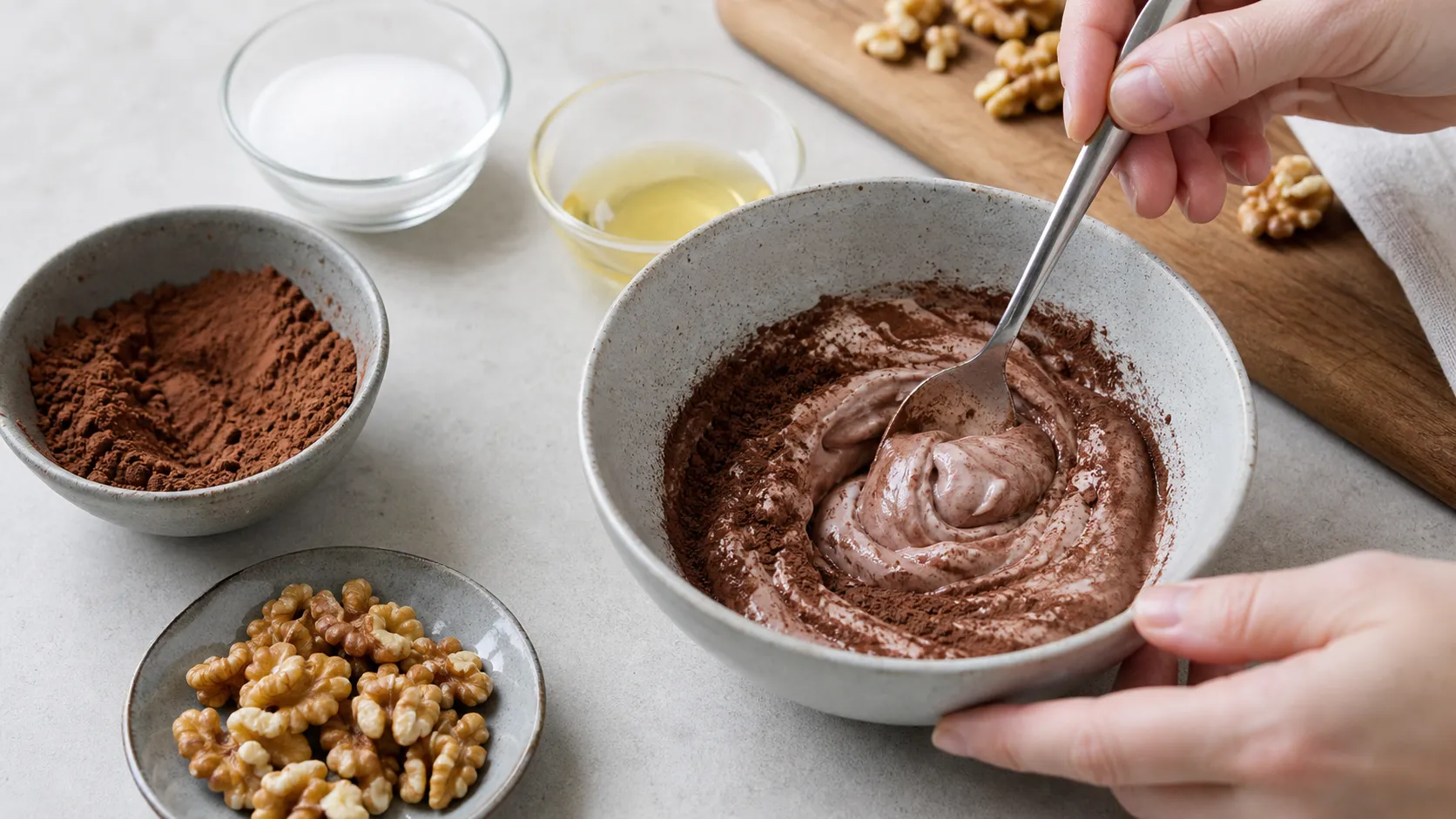 Skyr being stirred together with cocoa powder and erythritol