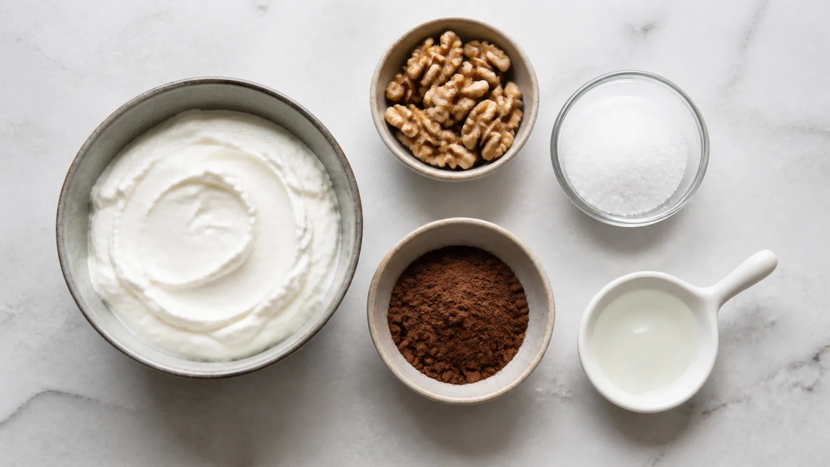 Ingredients for the keto skyr cocoa bowl: skyr, walnuts, cocoa, erythritol