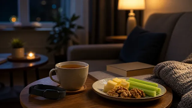 Evening living room table with tea, a sleep tracker and a keto snack plate with cheese, walnuts and celery