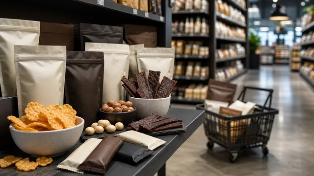 Premium low-carb snack products in blank packaging with cheese crisps, nuts and jerky in a modern grocery aisle