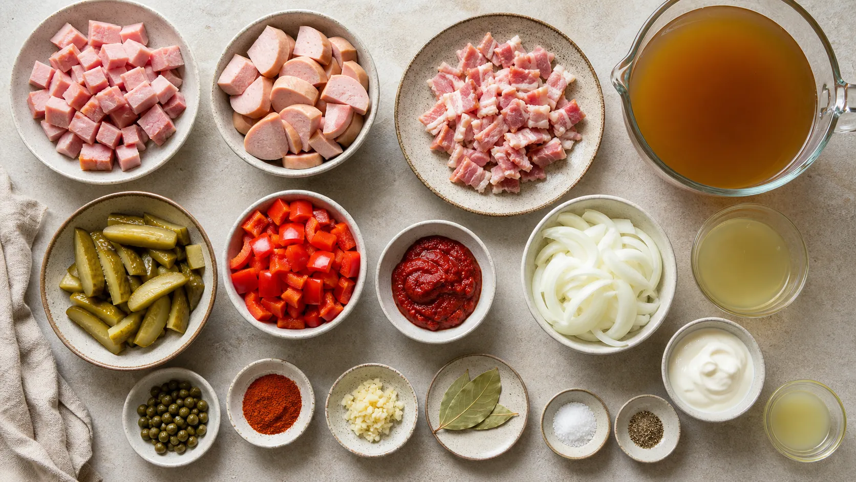 Ingredients for keto solyanka: diced smoked pork loin, bologna sausage, bacon, pickles, bell pepper, tomato paste and capers