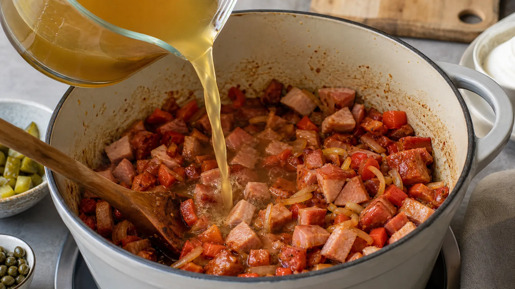 Seared meat and sausage cubes being deglazed with stock in a soup pot