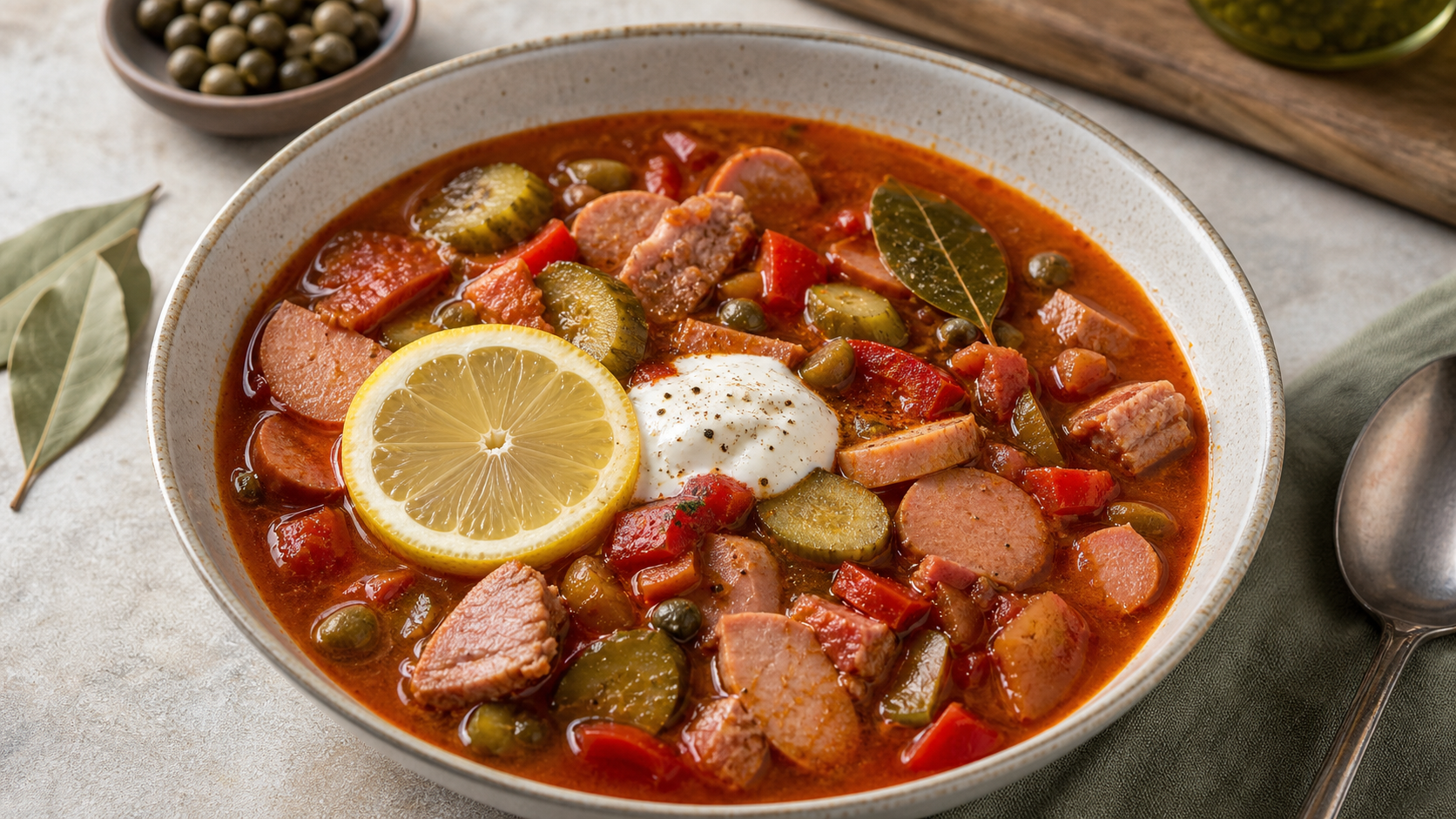 Keto solyanka with smoked pork loin, sausage, pickles, a lemon slice and sour cream in a deep bowl