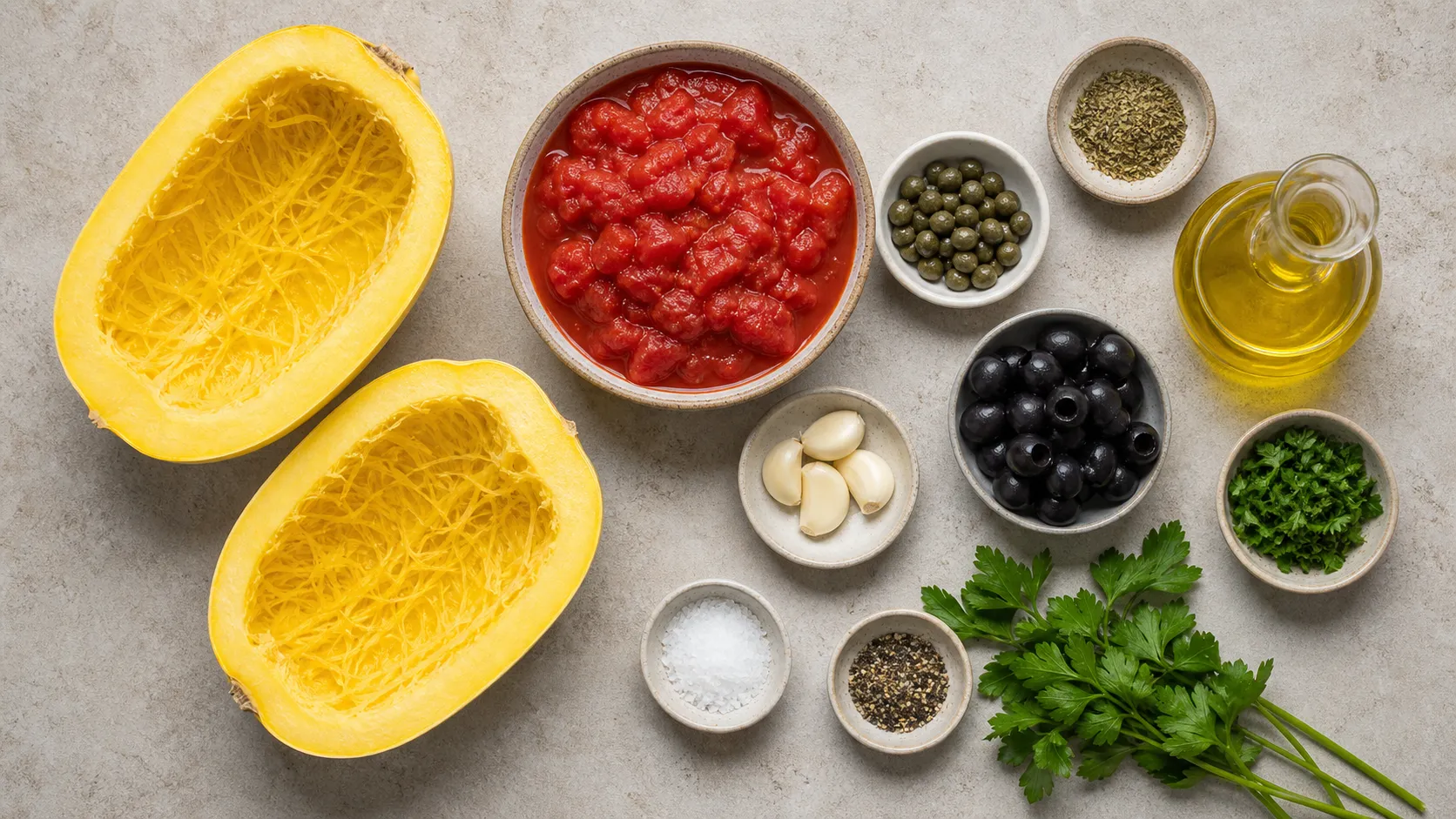 Ingredients for keto spaghetti squash puttanesca: half a spaghetti squash, canned tomatoes, black olives, capers, garlic and olive oil