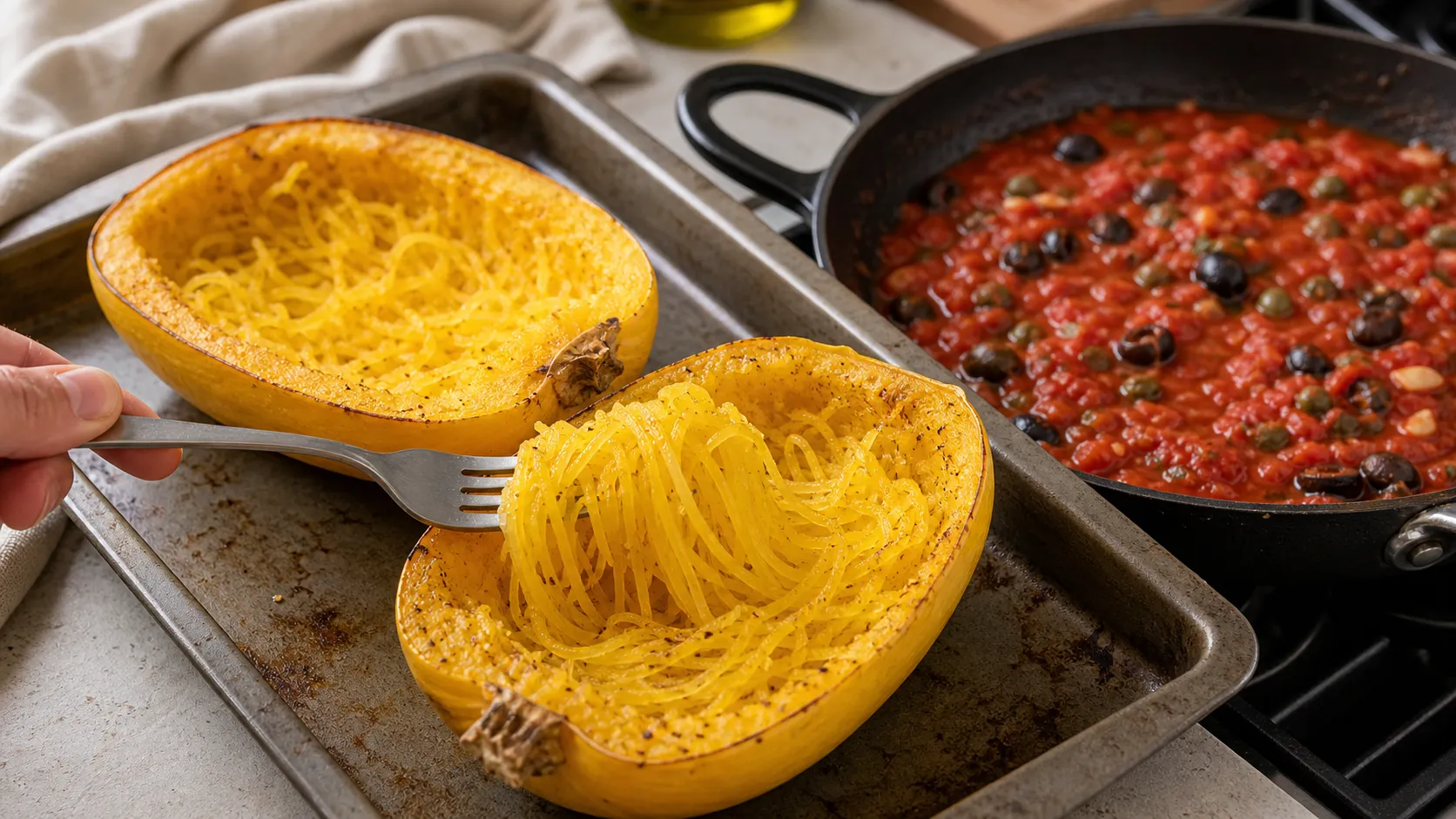 Half a spaghetti squash on a baking sheet next to the finished puttanesca sauce in the pan