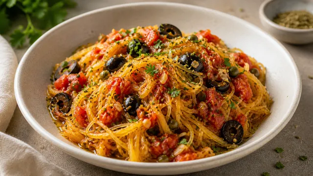 Keto spaghetti squash puttanesca on a plate: golden-yellow squash strands with puttanesca sauce of tomatoes, black olives and capers