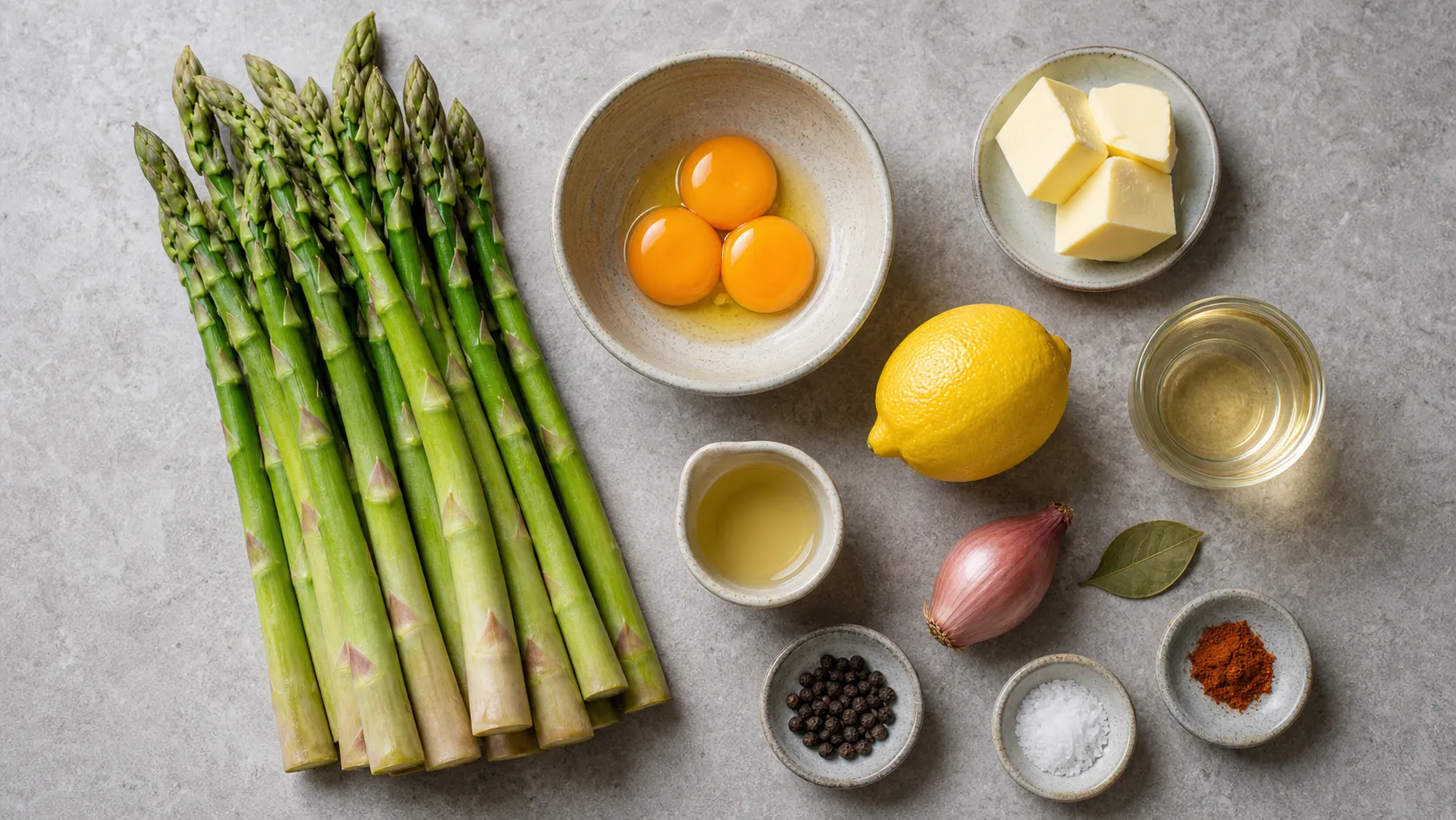 Ingredients for keto asparagus with hollandaise: green asparagus, egg yolk, butter, lemon, white wine, vinegar, shallot and peppercorns