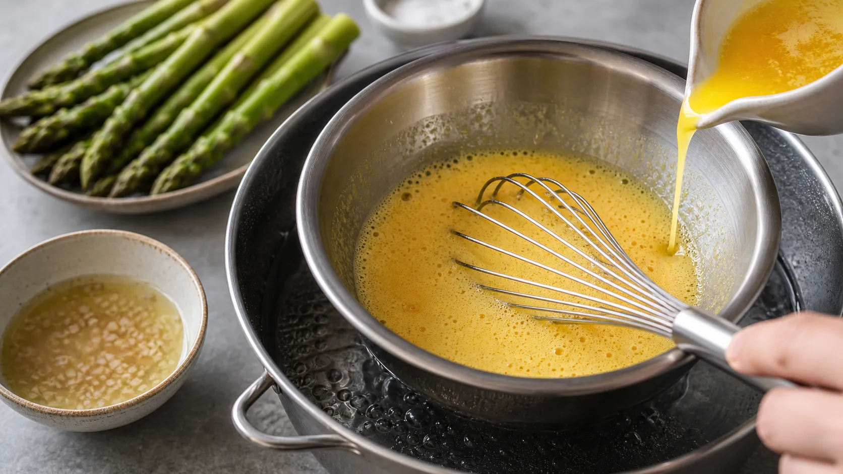 Egg yolk being whisked in a metal bowl over a water bath for hollandaise sauce