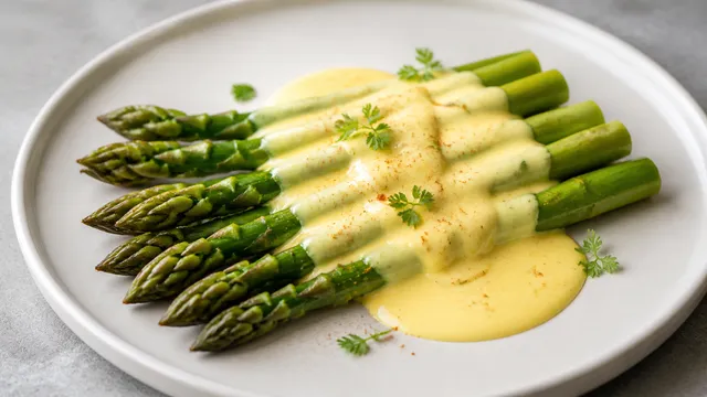 Green keto asparagus with creamy hollandaise sauce and fresh herbs on a plate