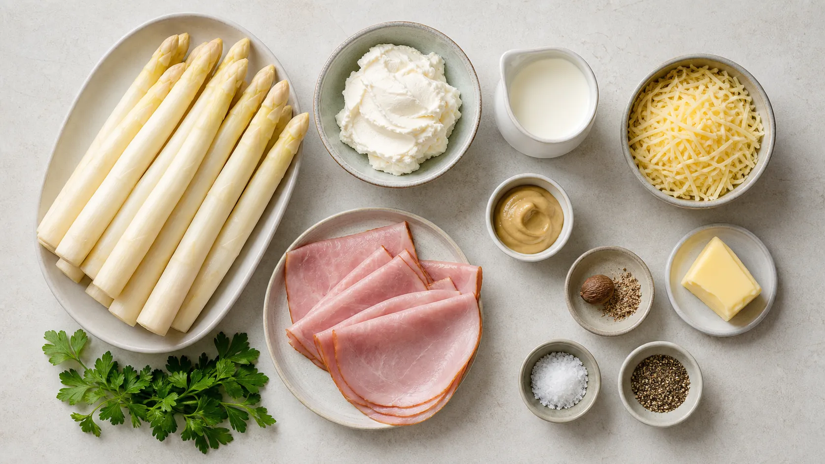 Ingredients for keto asparagus and ham gratin with white asparagus, cooked ham, cream cheese, cream and mountain cheese