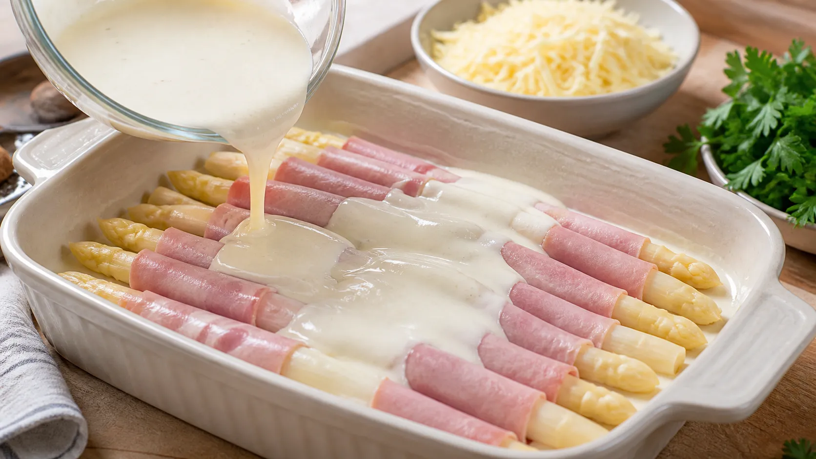 White asparagus wrapped in cooked ham being topped with cream cheese sauce for keto gratin