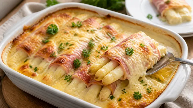 Keto asparagus and ham gratin with white asparagus, cooked ham, cream cheese sauce and a golden cheese crust