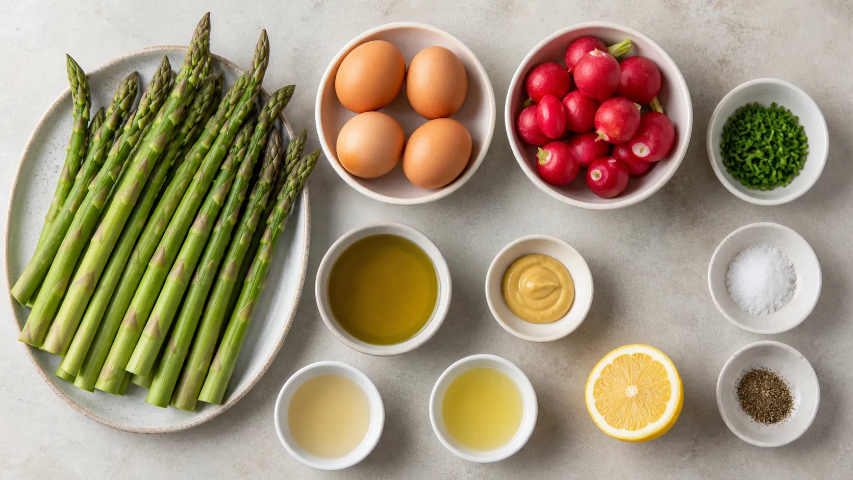 Ingredients for keto asparagus salad: green asparagus, eggs, radishes, chives, olive oil, mustard and lemon