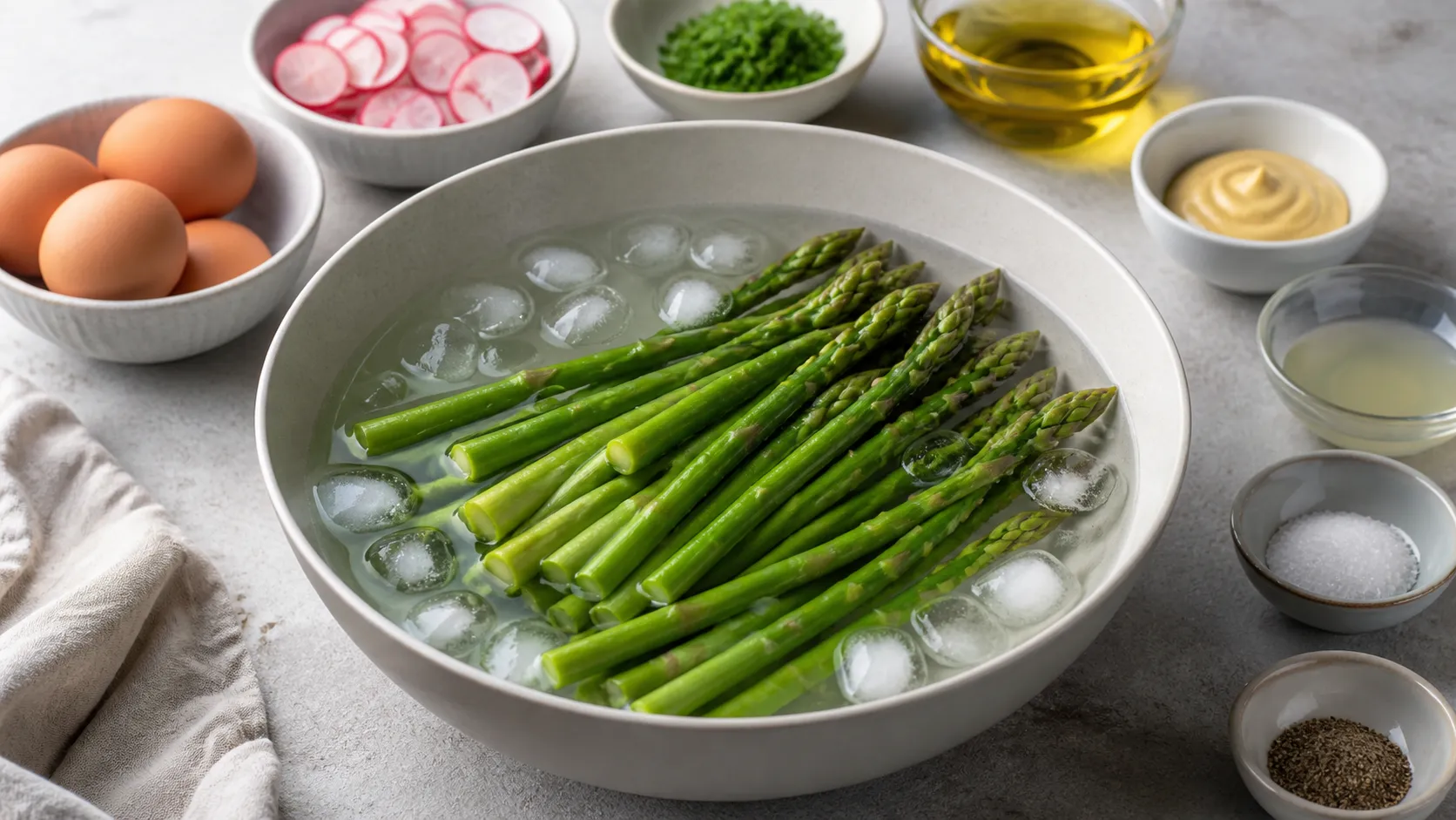 Green asparagus being refreshed in a bowl of ice water
