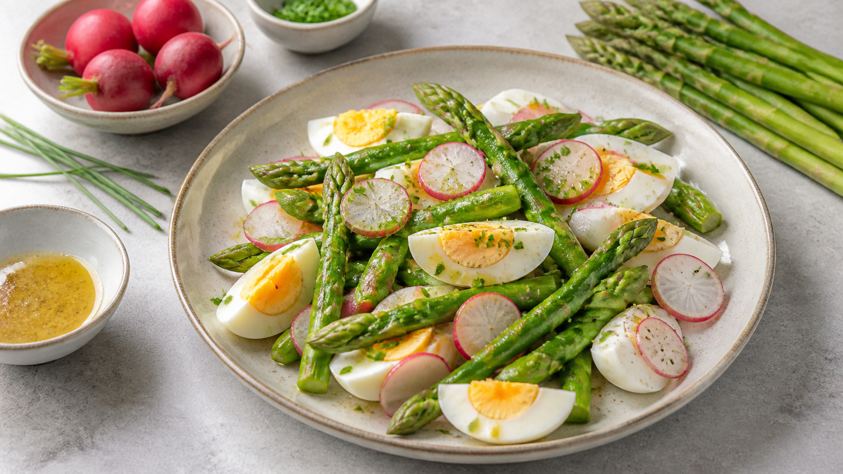 Keto asparagus salad with green asparagus, halved eggs and radish slices on a shallow platter
