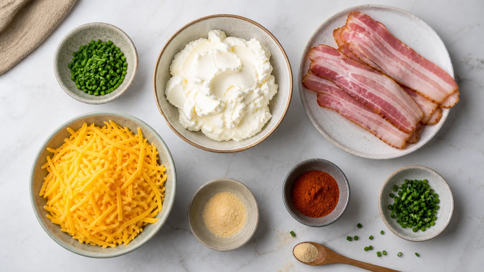 Ingredients for keto bacon cheese balls: cream cheese, grated cheddar, bacon, chives, garlic powder and paprika