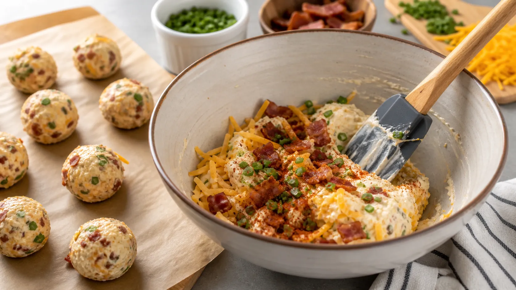 Cream cheese, cheddar, bacon crumbs and chives being mixed in a bowl for keto bacon cheese balls