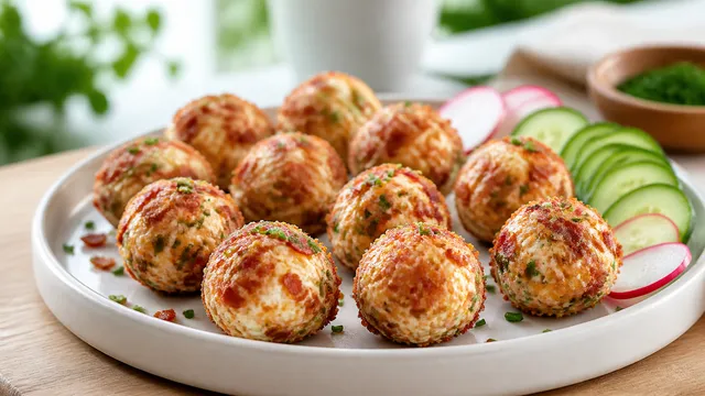 Keto bacon cheese balls on a wooden board, garnished with chives and surrounded by bacon strips