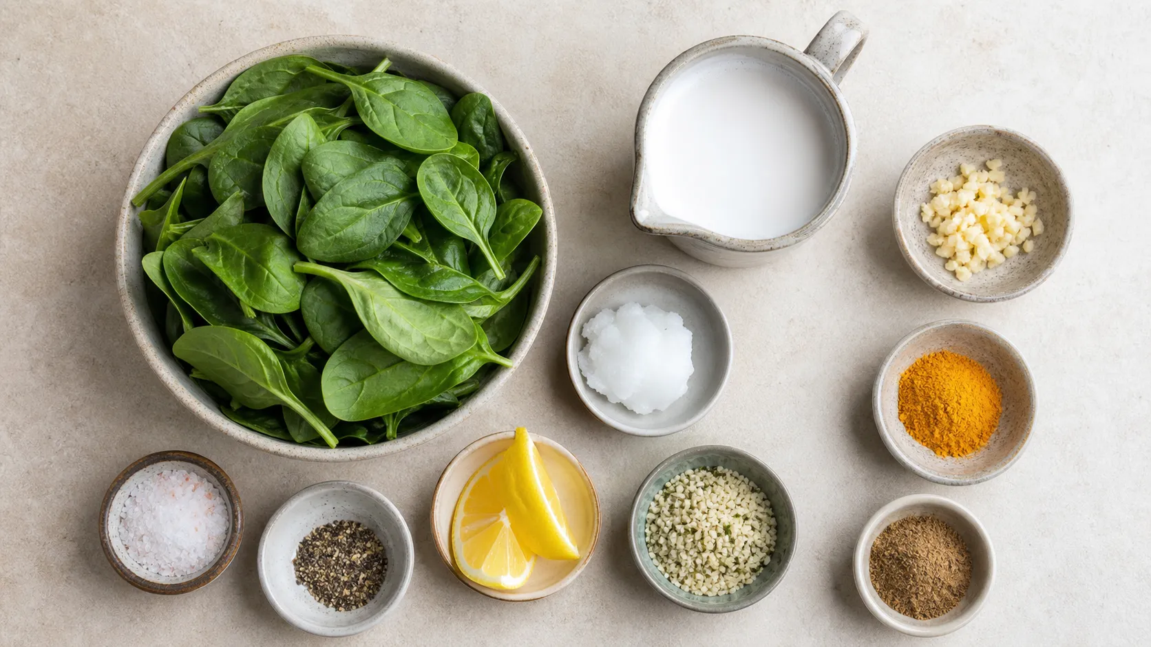 Ingredients for keto spinach coconut dal: spinach, coconut milk, coconut oil, turmeric, cumin, garlic, ginger and hemp seeds