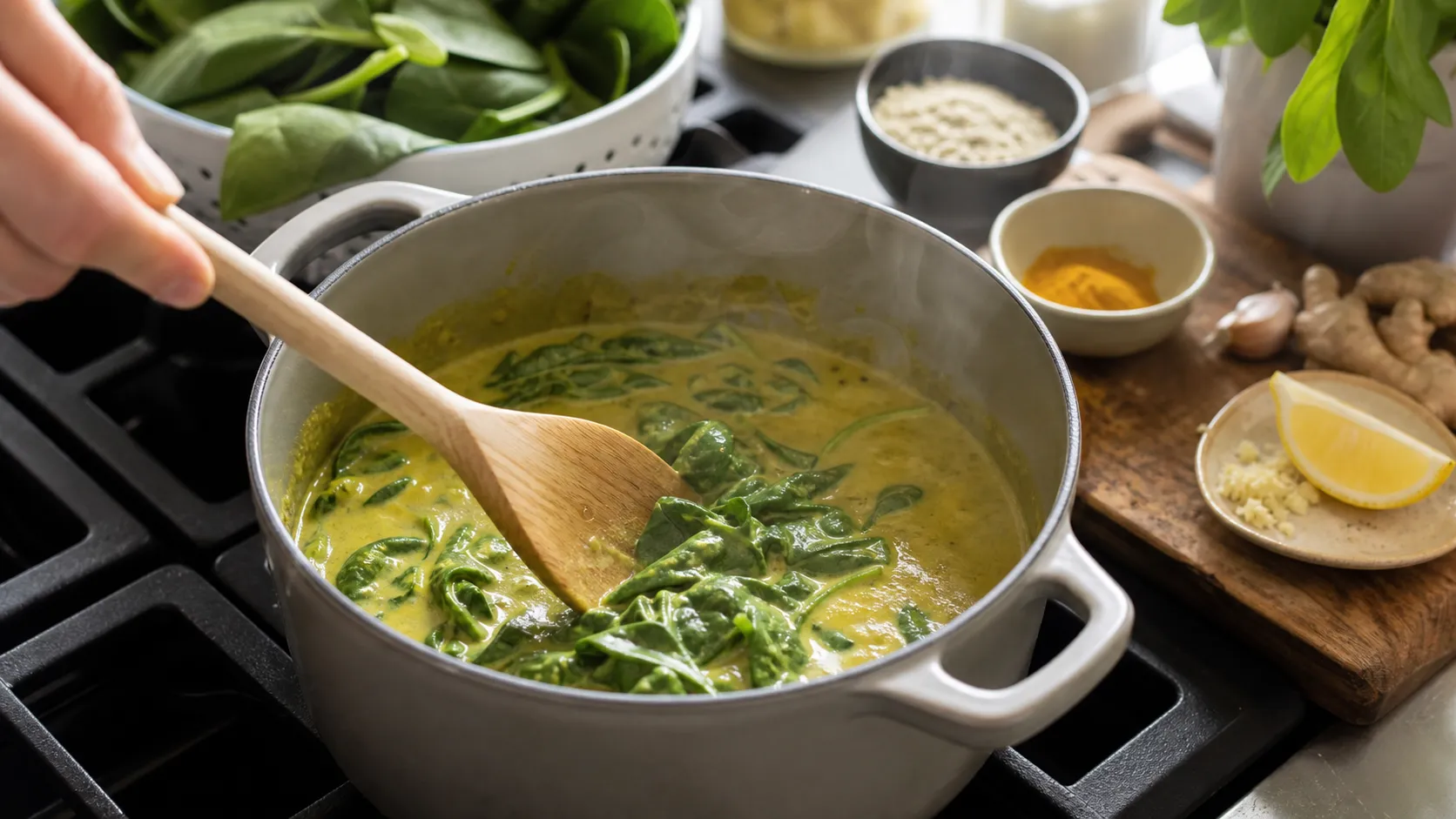 Spinach simmering in golden coconut milk turmeric sauce in a pot