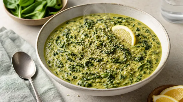 Keto spinach coconut dal in a deep bowl with golden coconut milk turmeric sauce, fresh spinach and toasted hemp seeds
