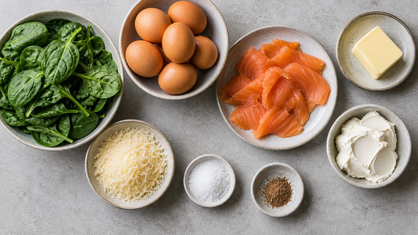 Ingredients for keto spinach salmon frittata: eggs, smoked salmon, baby spinach, Parmesan and cream cheese as a flat lay