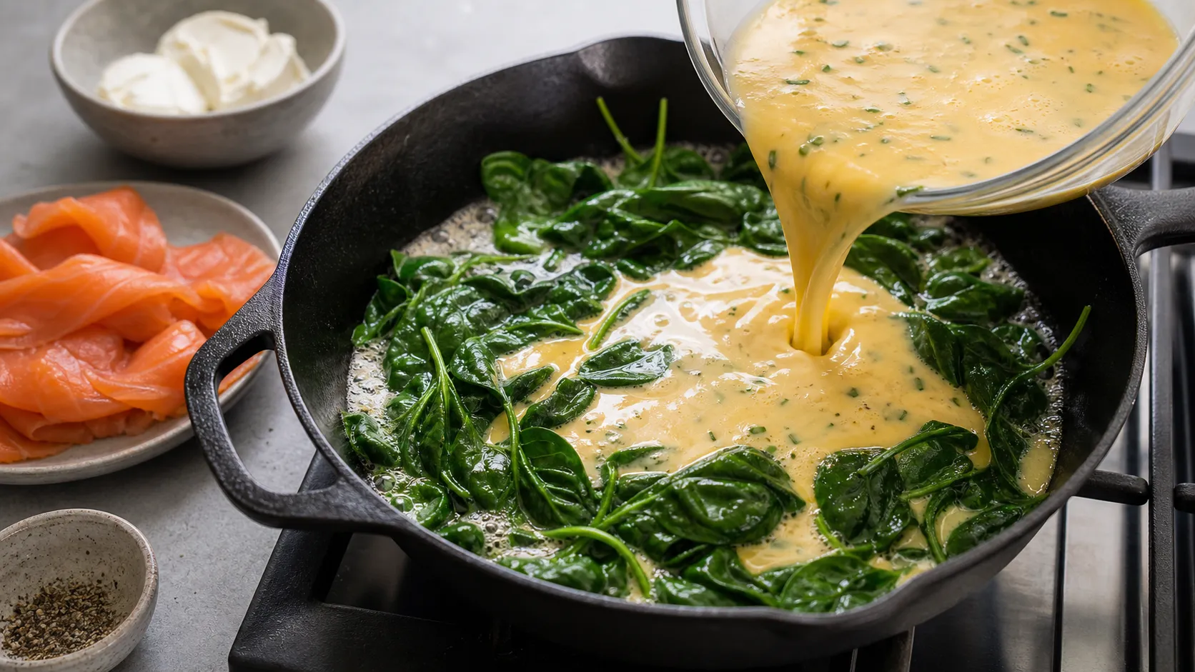 Spinach being wilted in a pan before the egg mixture is poured over it
