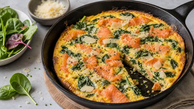 Keto spinach salmon frittata in a cast-iron pan with a golden-brown crust and visible green spinach