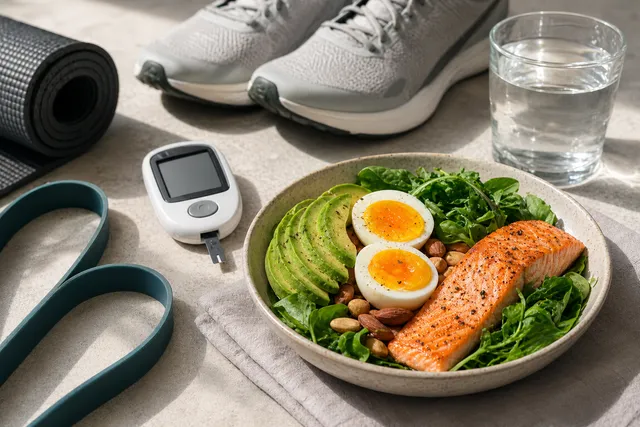 Exercise silhouette beside a glucose trend chart and a low-carb food plate