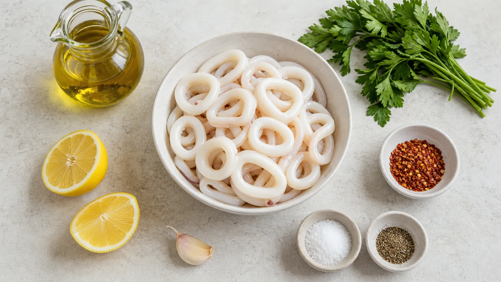 Ingredients for keto Italian squid salad with calamari rings, olive oil, lemon, garlic, parsley, chili, salt and pepper