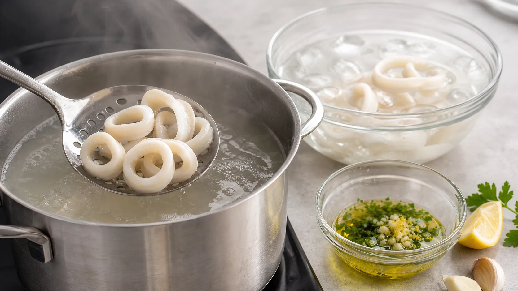 Calamari rings are lifted from boiling salted water before chilling for keto squid salad