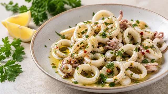Keto Italian squid salad with calamari rings, olive oil, lemon, garlic, parsley and chili flakes