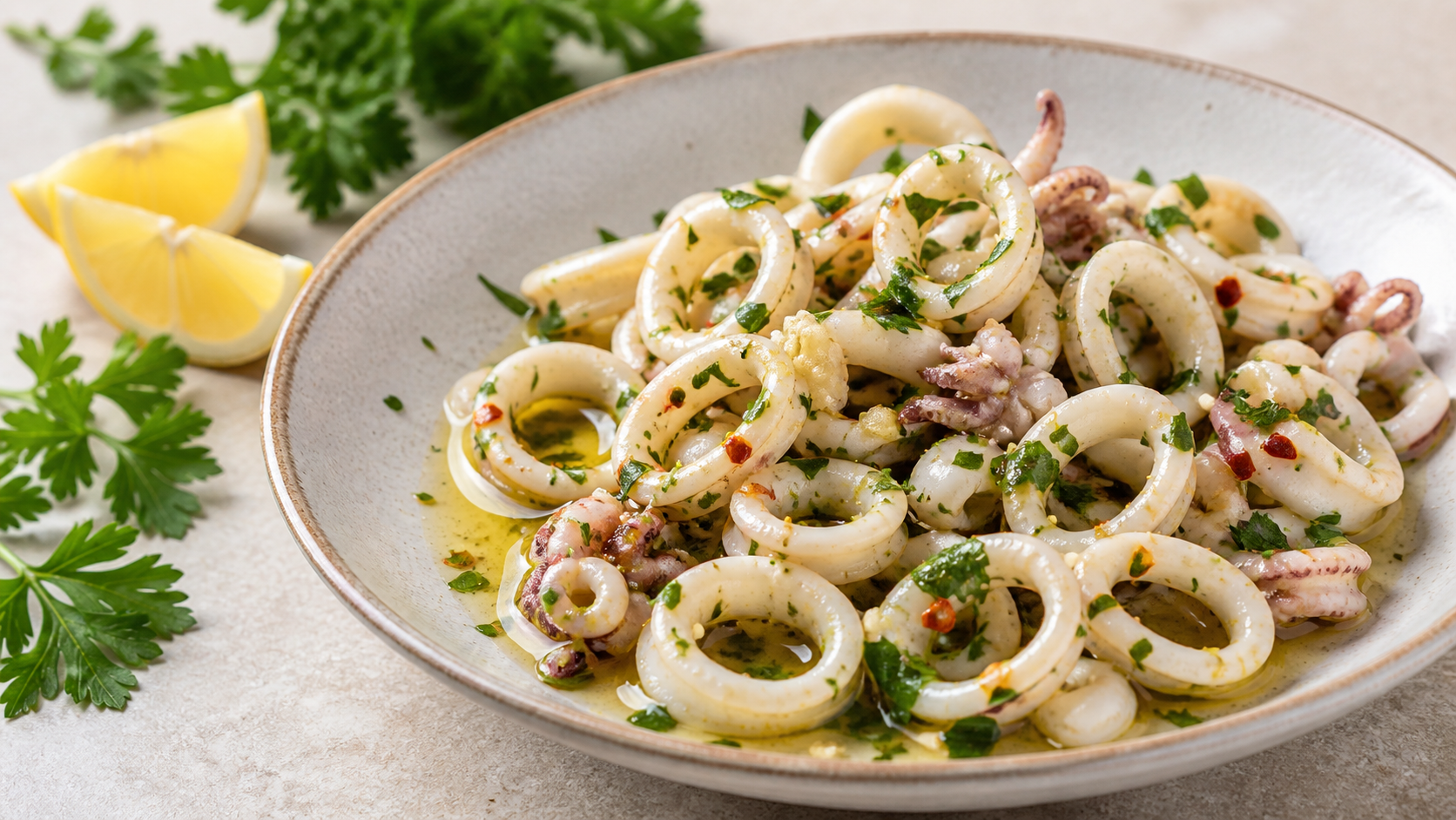 Keto Italian squid salad with calamari rings, olive oil, lemon, garlic, parsley and chili flakes