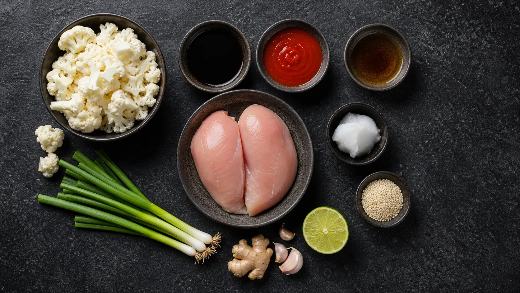 Flatlay of ingredients for keto sriracha chicken bowl with chicken, sriracha, cauliflower, and lime