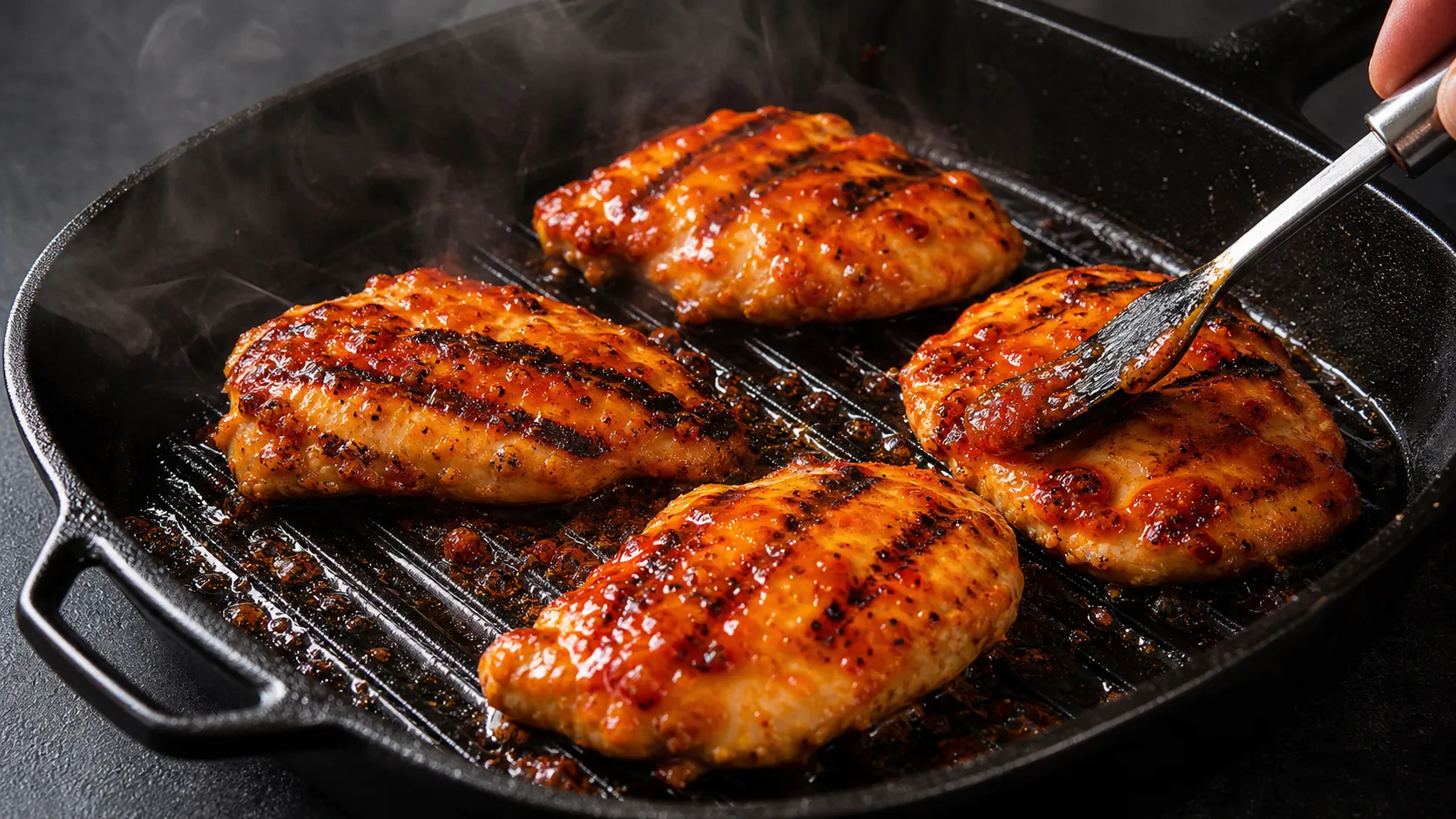Chicken breast caramelizing in a grill pan with sriracha glaze