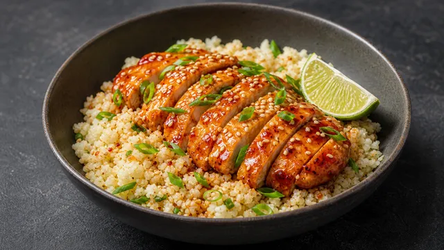 Finished keto sriracha chicken bowl with cauliflower rice, sesame seeds, lime, and spring onions
