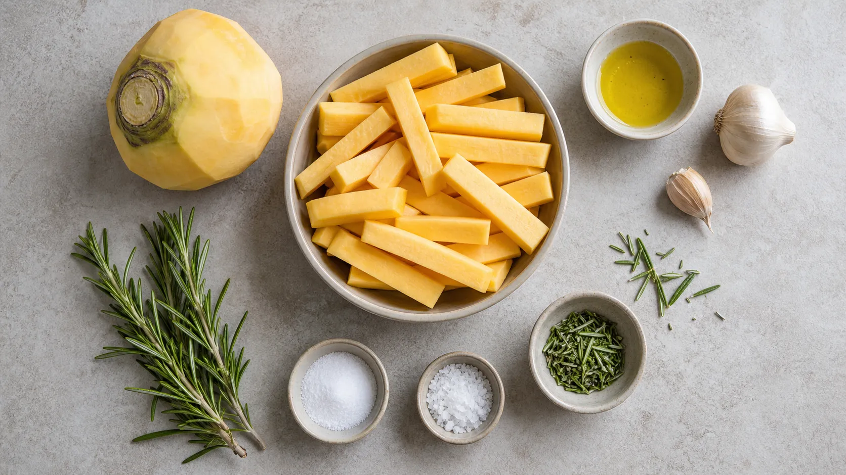 Ingredients for keto rutabaga fries: rutabaga, olive oil, garlic, rosemary, fine salt and coarse salt