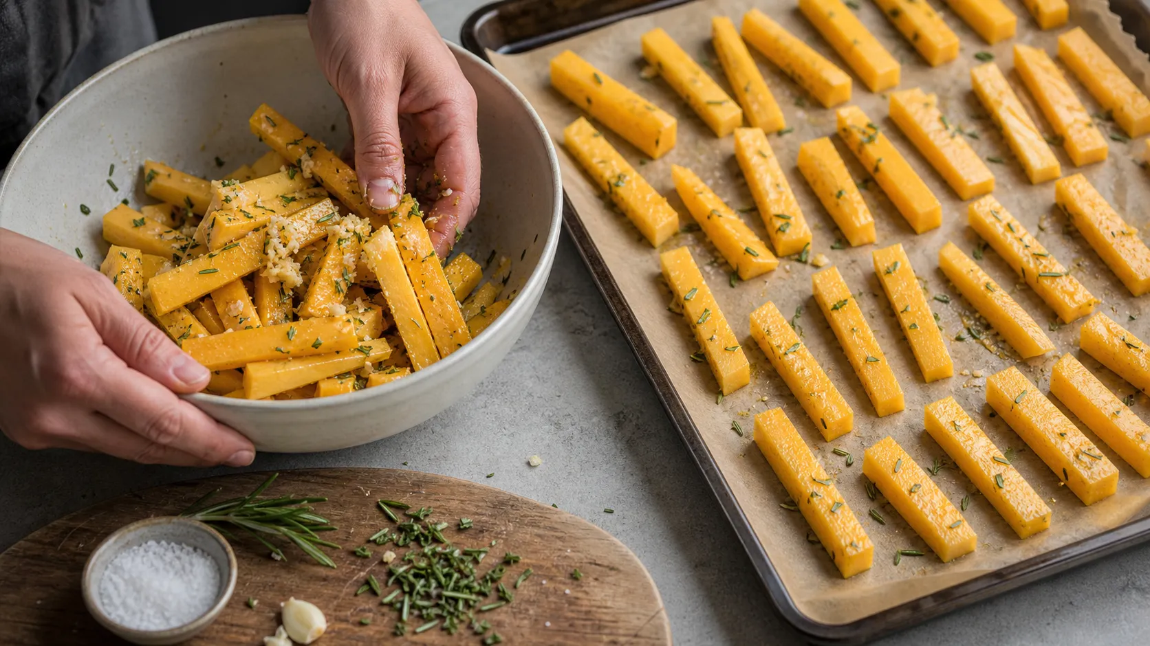 Rutabaga sticks tossed with olive oil, garlic, rosemary and salt, spread out on a baking sheet