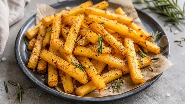 Golden keto rutabaga fries with rosemary, garlic and coarse salt straight from the oven