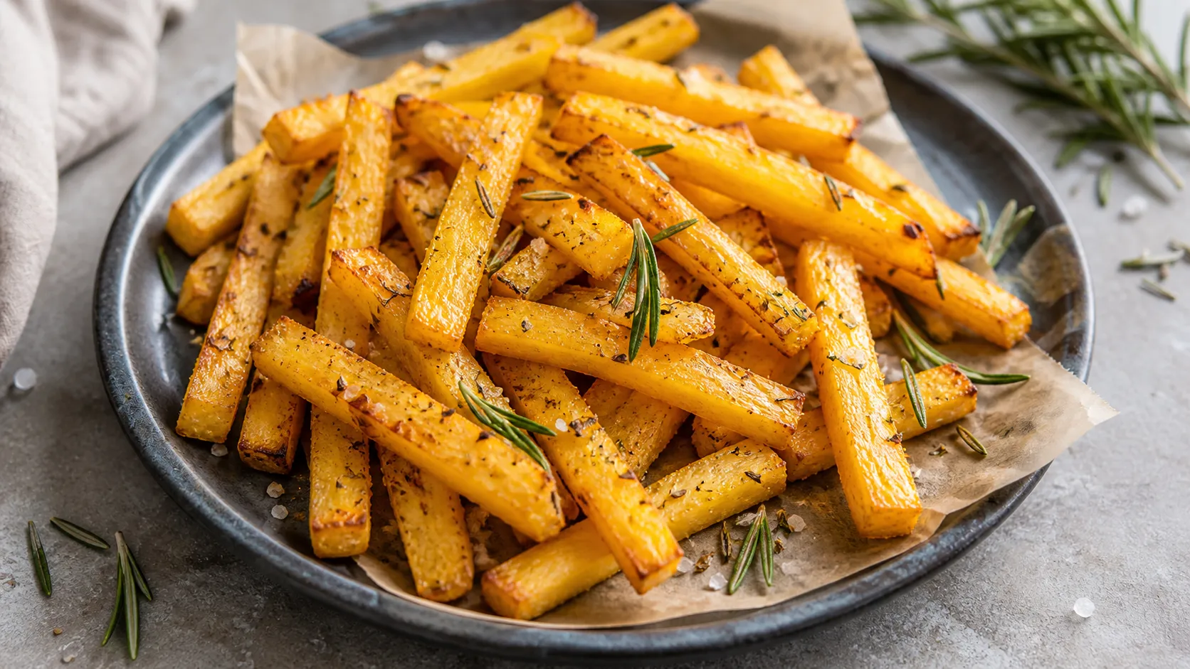 Golden keto rutabaga fries with rosemary, garlic and coarse salt straight from the oven