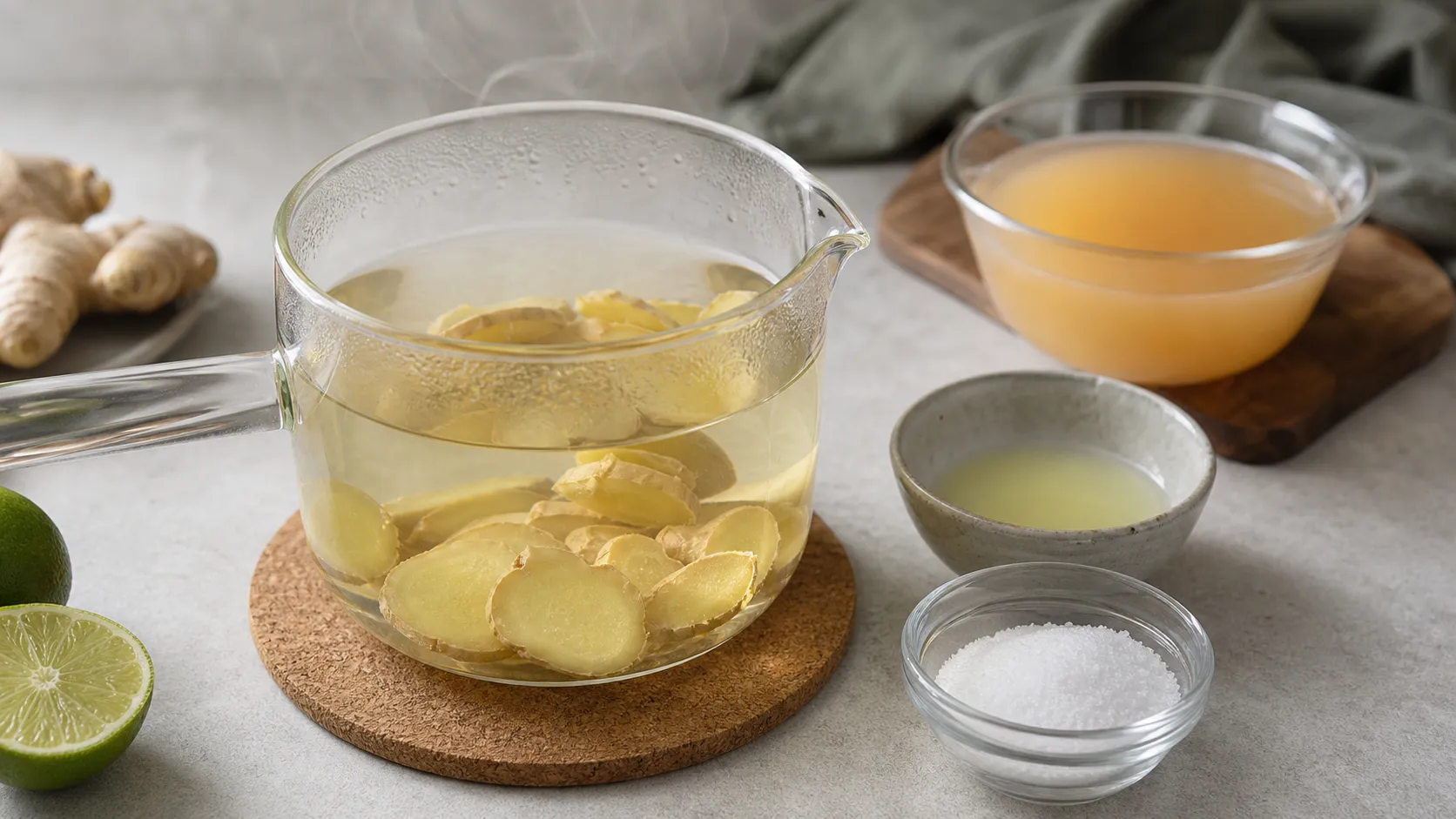 Fresh ginger slices steeping in hot water for keto switchel with apple cider vinegar