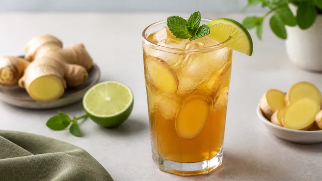 Keto switchel with ginger, apple cider vinegar, lime and ice cubes in a tall glass