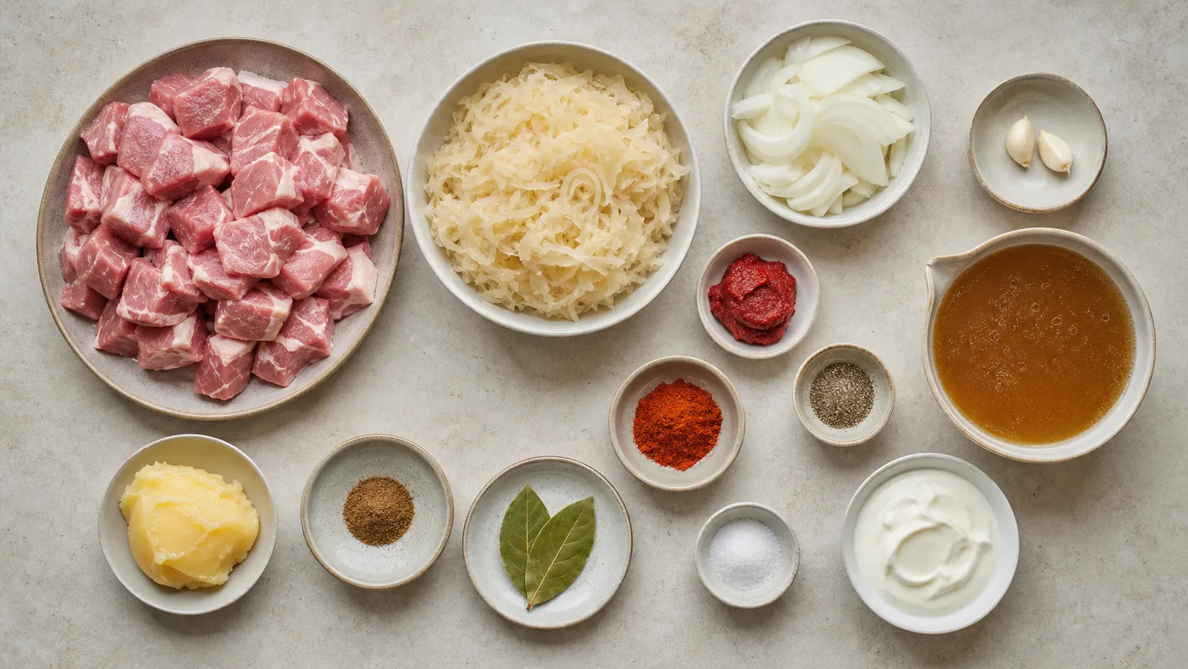 Ingredients for keto Szegedin goulash: diced pork neck, sauerkraut, onions, paprika powder and sour cream
