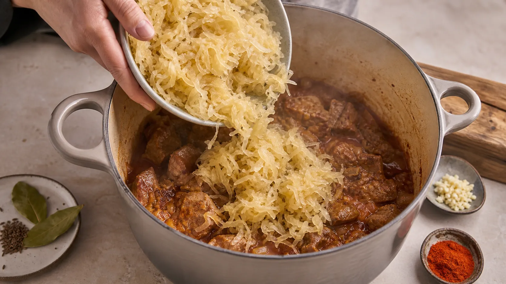 Sauerkraut being added to the seared meat in the braising pot