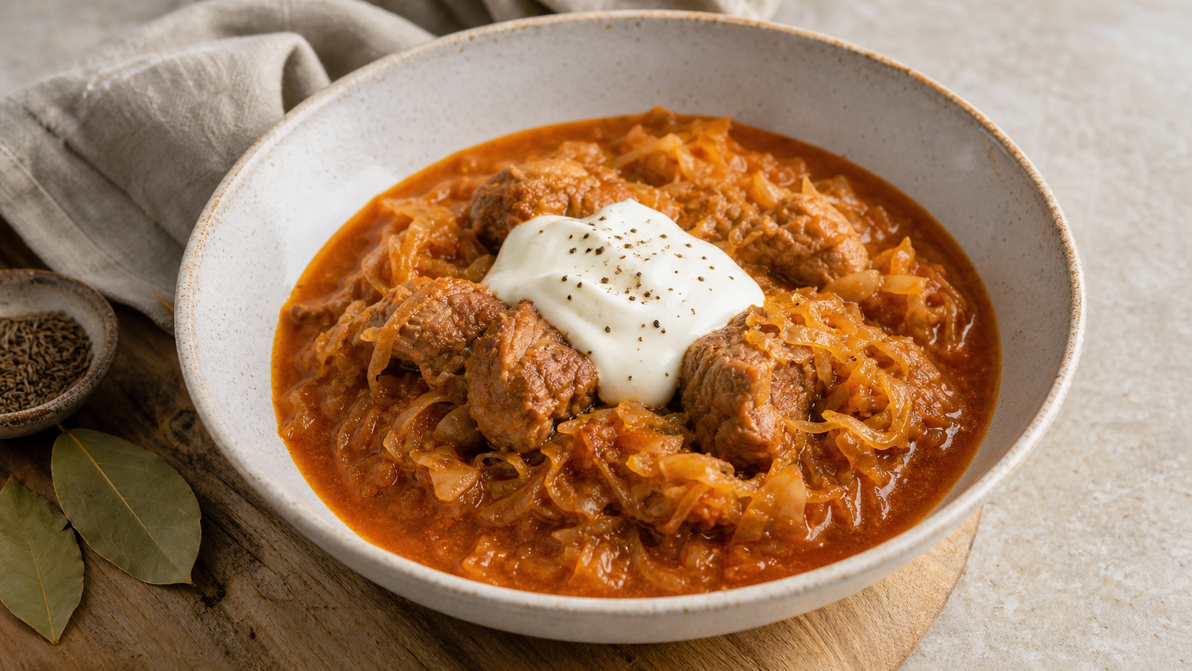 Keto Szegedin goulash with sauerkraut and a dollop of sour cream in a deep bowl