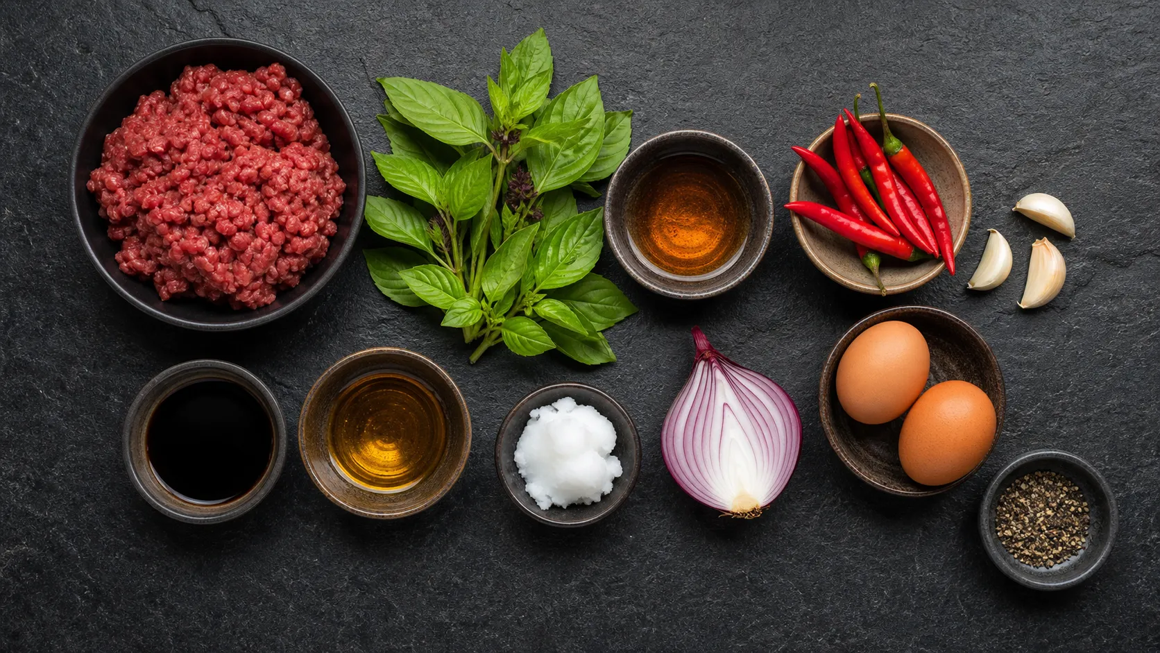 Flatlay of ingredients for keto Pad Krapao with ground beef, Thai basil, chilies, and fish sauce