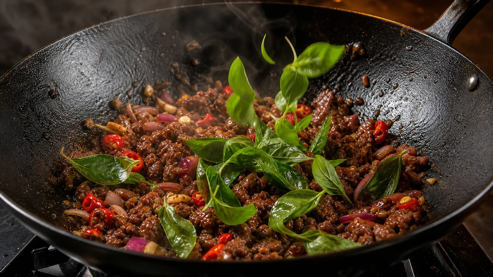 Ground beef seared in a wok with chili, garlic, and Thai basil over high heat
